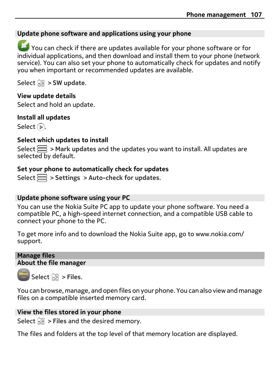 Update phone software using your pc, Manage files, About the file manager | View the files stored in your phone | Nokia C7 User Manual | Page 107 / 138