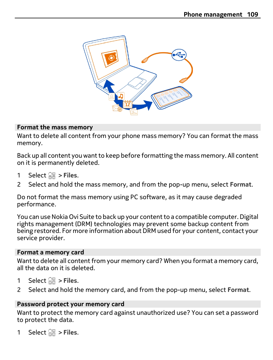 Format the mass memory, Format a memory card, Password protect your memory card | Nokia C7 User Manual | Page 109 / 138