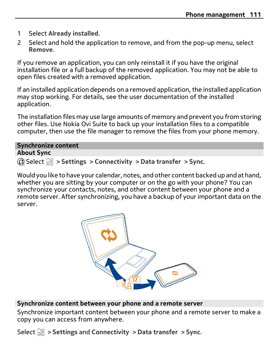 Synchronize content, About sync | Nokia C7 User Manual | Page 111 / 138