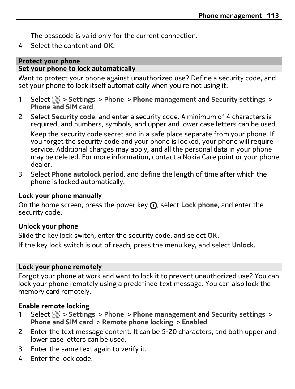 Protect your phone, Set your phone to lock automatically, Lock your phone remotely | Nokia C7 User Manual | Page 113 / 138