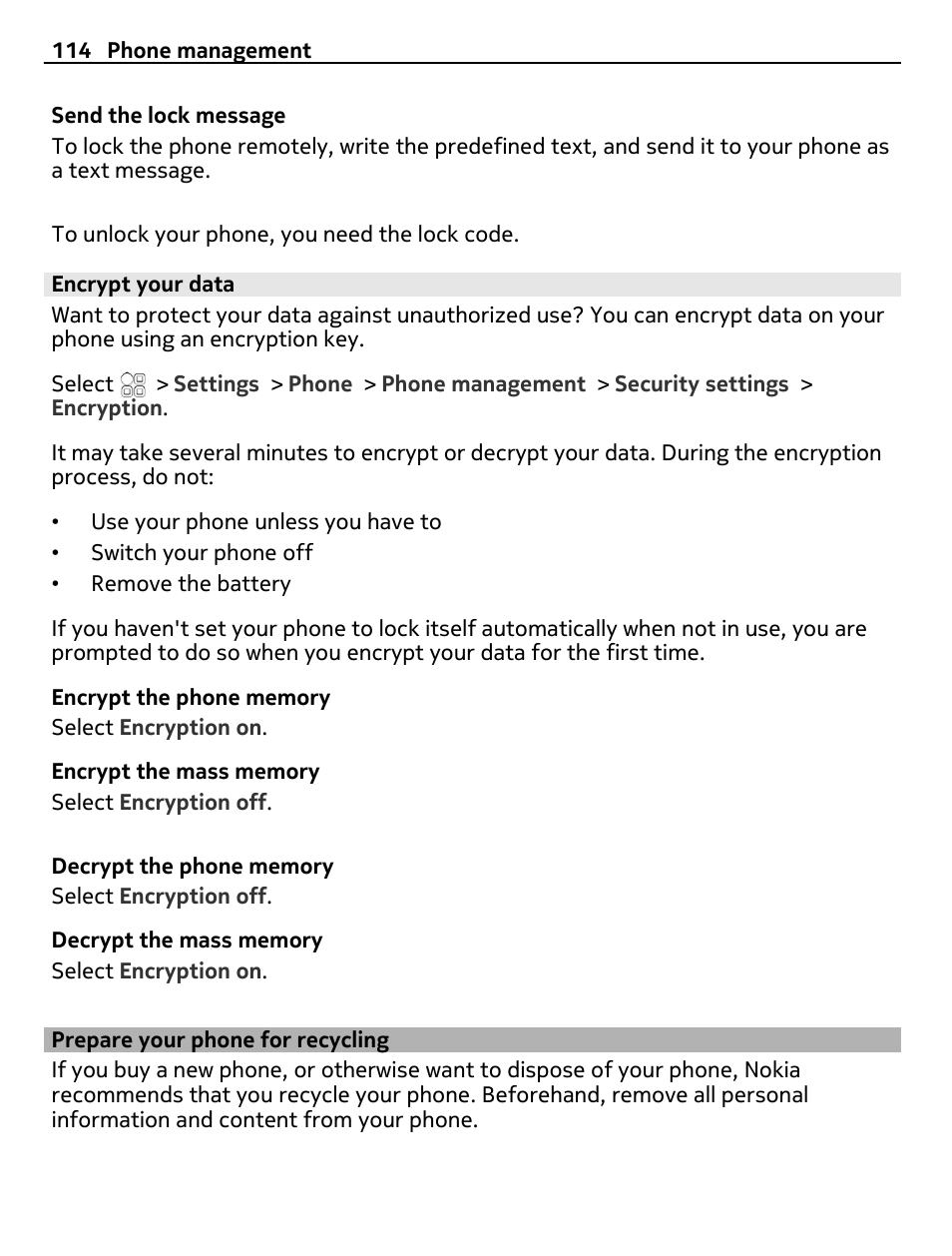 Encrypt your data, Prepare your phone for recycling | Nokia C7 User Manual | Page 114 / 138