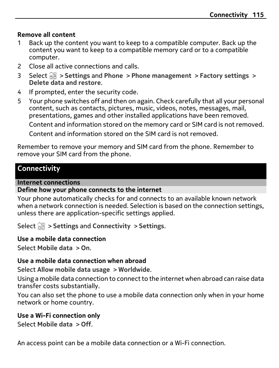 Connectivity, Internet connections, Define how your phone connects to the internet | Nokia C7 User Manual | Page 115 / 138