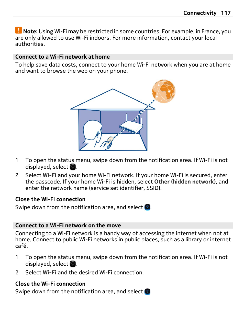 Connect to a wi-fi network at home, Connect to a wi-fi network on the move | Nokia C7 User Manual | Page 117 / 138