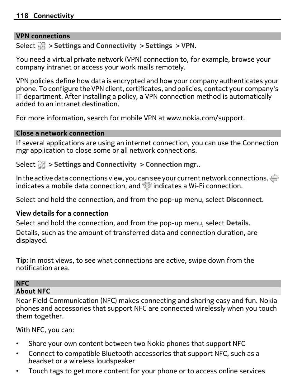 Vpn connections, Close a network connection, About nfc | Nokia C7 User Manual | Page 118 / 138