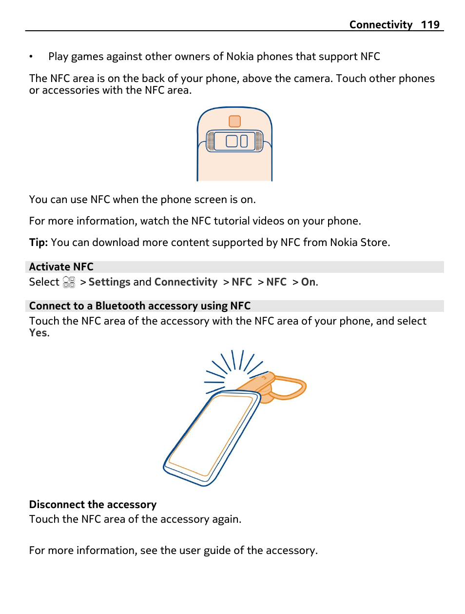 Activate nfc, Connect to a bluetooth accessory using nfc | Nokia C7 User Manual | Page 119 / 138