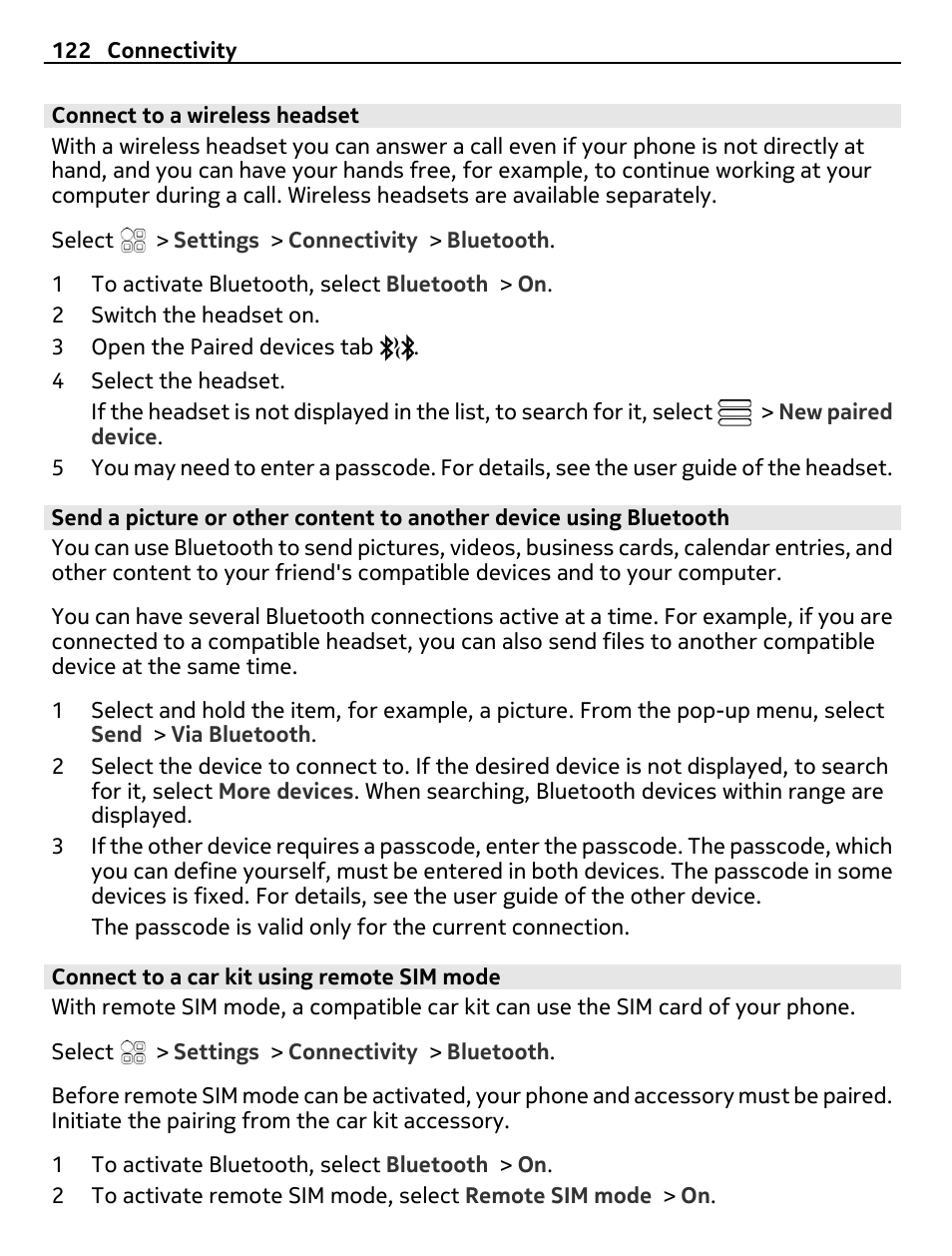 Connect to a wireless headset, Connect to a car kit using remote sim mode | Nokia C7 User Manual | Page 122 / 138