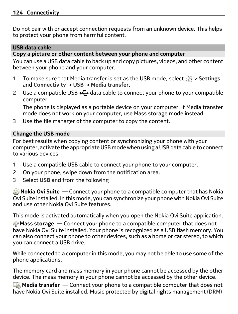 Usb data cable, Change the usb mode | Nokia C7 User Manual | Page 124 / 138