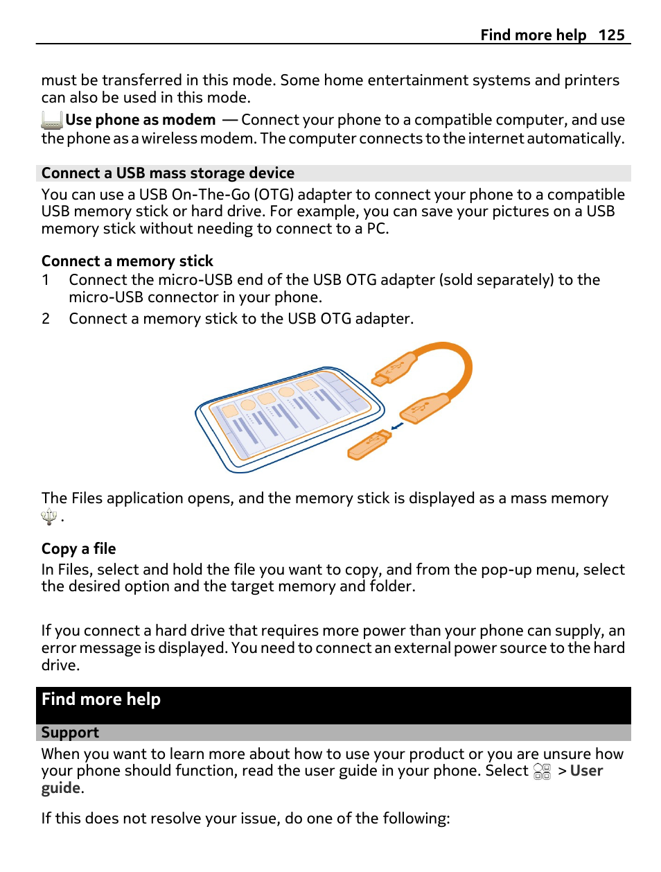 Connect a usb mass storage device, Find more help, Support | Nokia C7 User Manual | Page 125 / 138