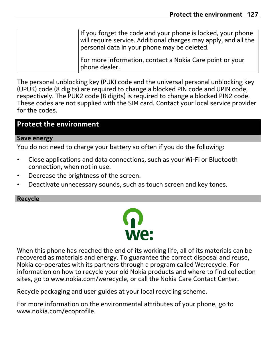 Protect the environment, Save energy, Recycle | Nokia C7 User Manual | Page 127 / 138