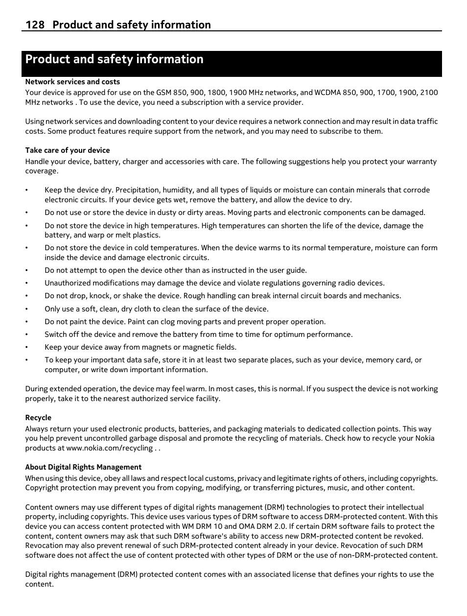 Product and safety information, Network services and costs, Take care of your device | Recycle, About digital rights management, 128 product and safety information | Nokia C7 User Manual | Page 128 / 138