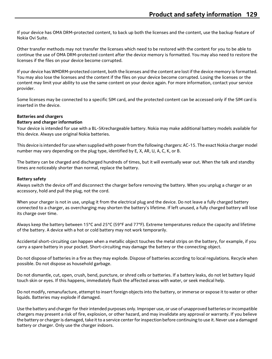 Batteries and chargers, Battery and charger information, Battery safety | Product and safety information 129 | Nokia C7 User Manual | Page 129 / 138