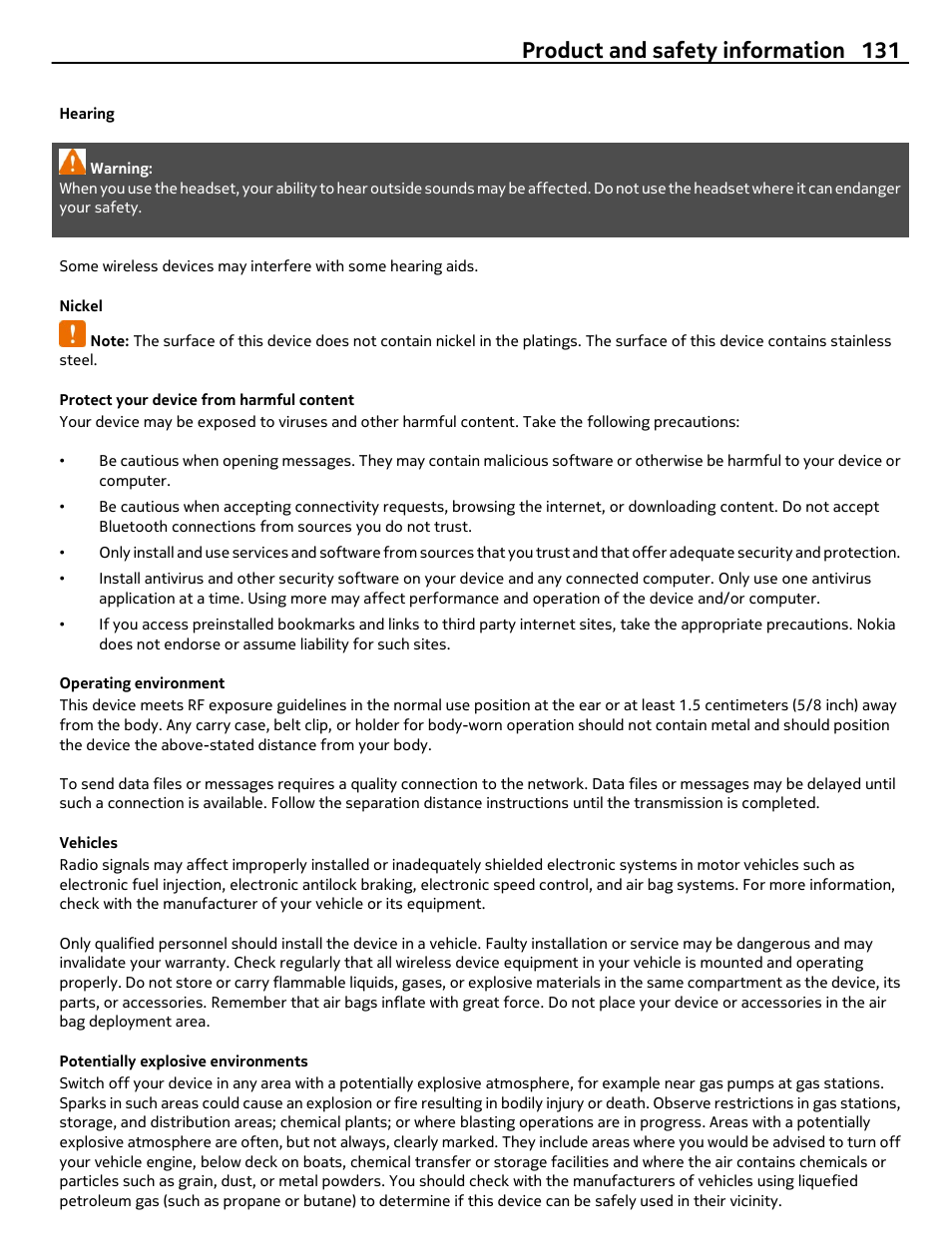 Hearing, Nickel, Protect your device from harmful content | Operating environment, Vehicles, Potentially explosive environments, Product and safety information 131 | Nokia C7 User Manual | Page 131 / 138