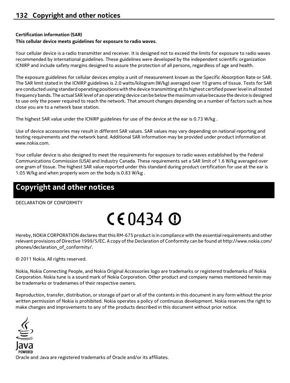 Certification information (sar), Copyright and other notices, 132 copyright and other notices | Nokia C7 User Manual | Page 132 / 138