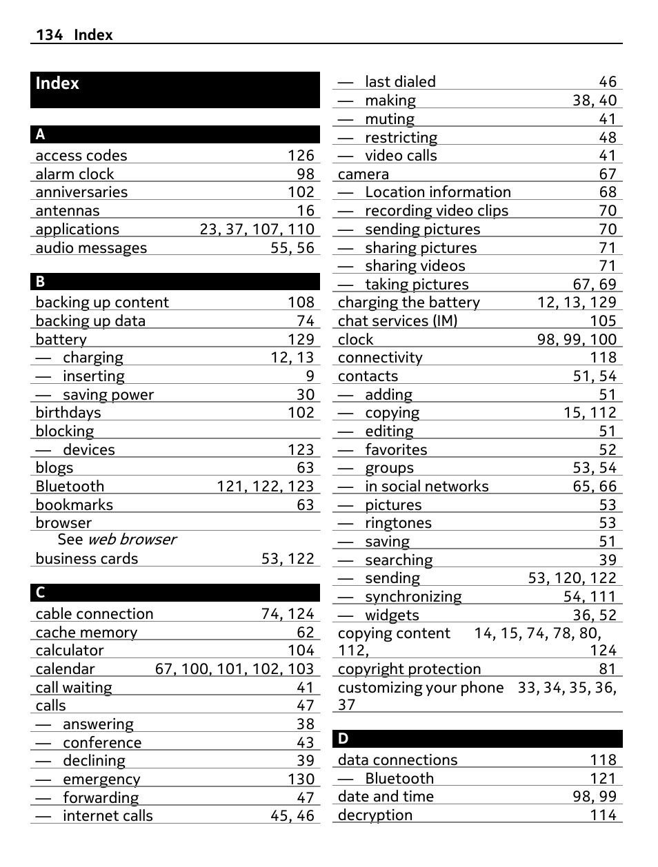 Index | Nokia C7 User Manual | Page 134 / 138