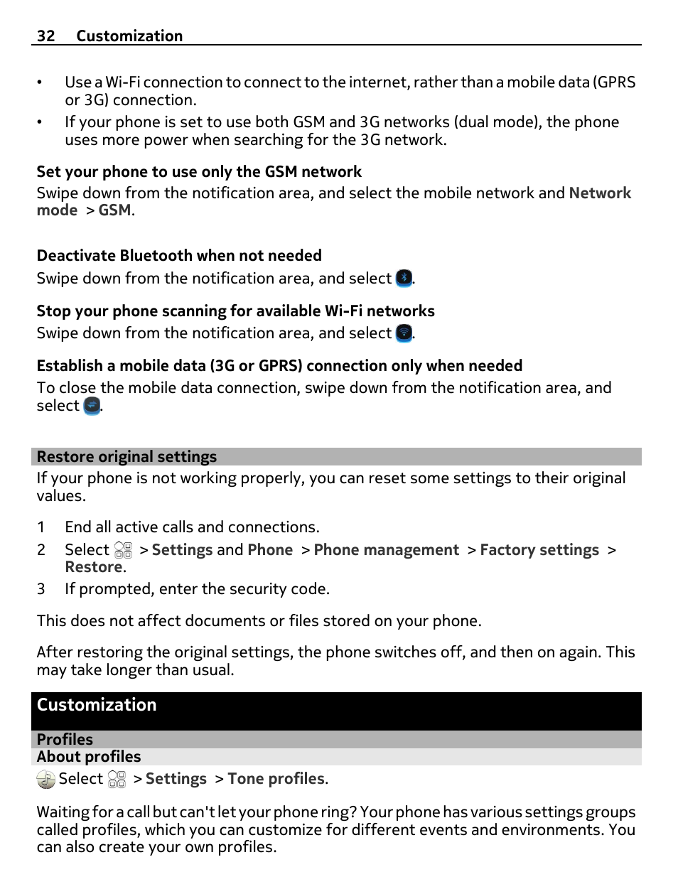 Restore original settings, Customization, Profiles | About profiles | Nokia C7 User Manual | Page 32 / 138