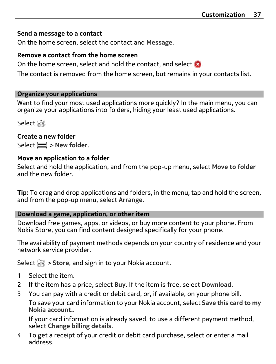 Organize your applications, Download a game, application, or other item, Download a game, application, or | Other item | Nokia C7 User Manual | Page 37 / 138