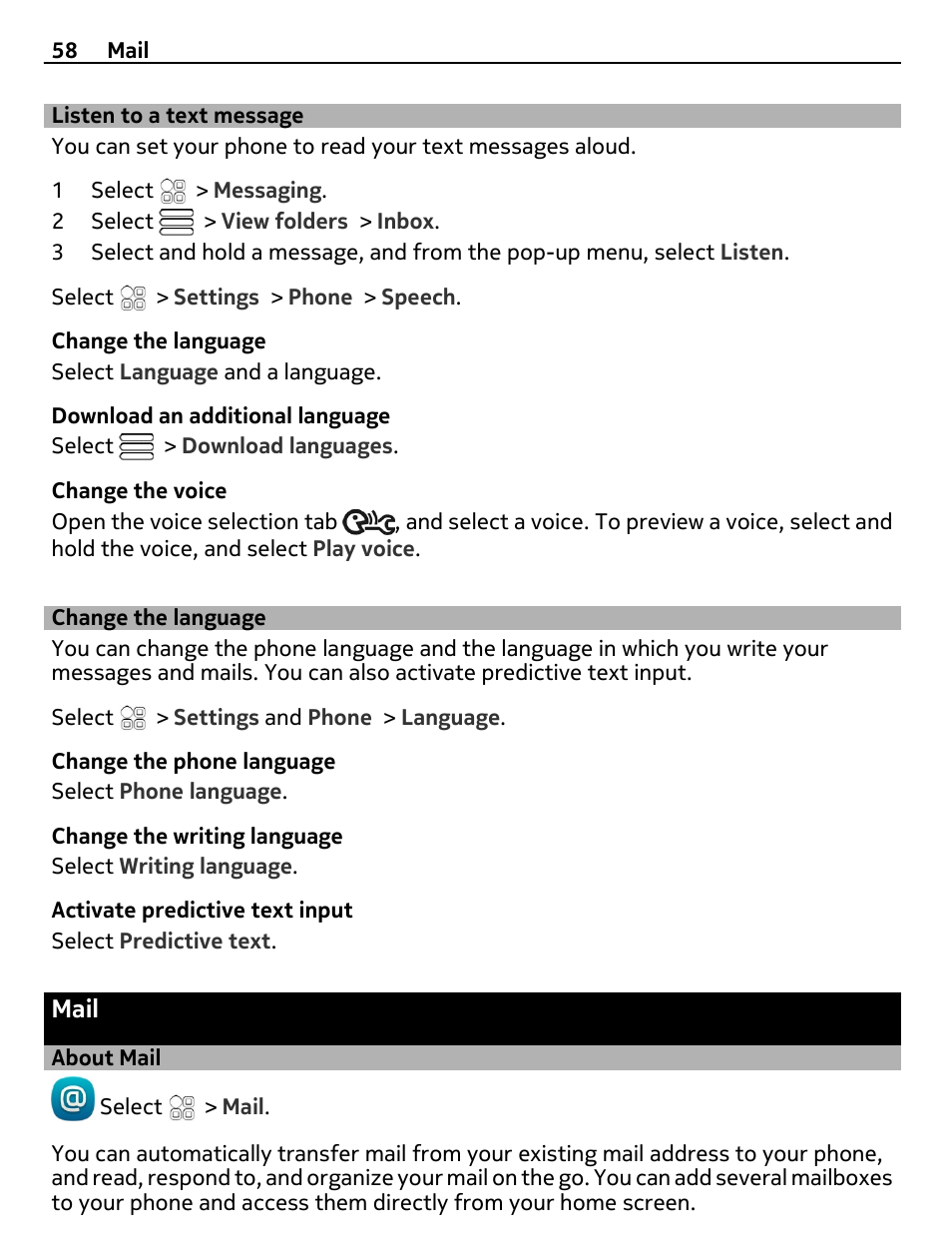 Listen to a text message, Change the language, Mail | About mail | Nokia C7 User Manual | Page 58 / 138