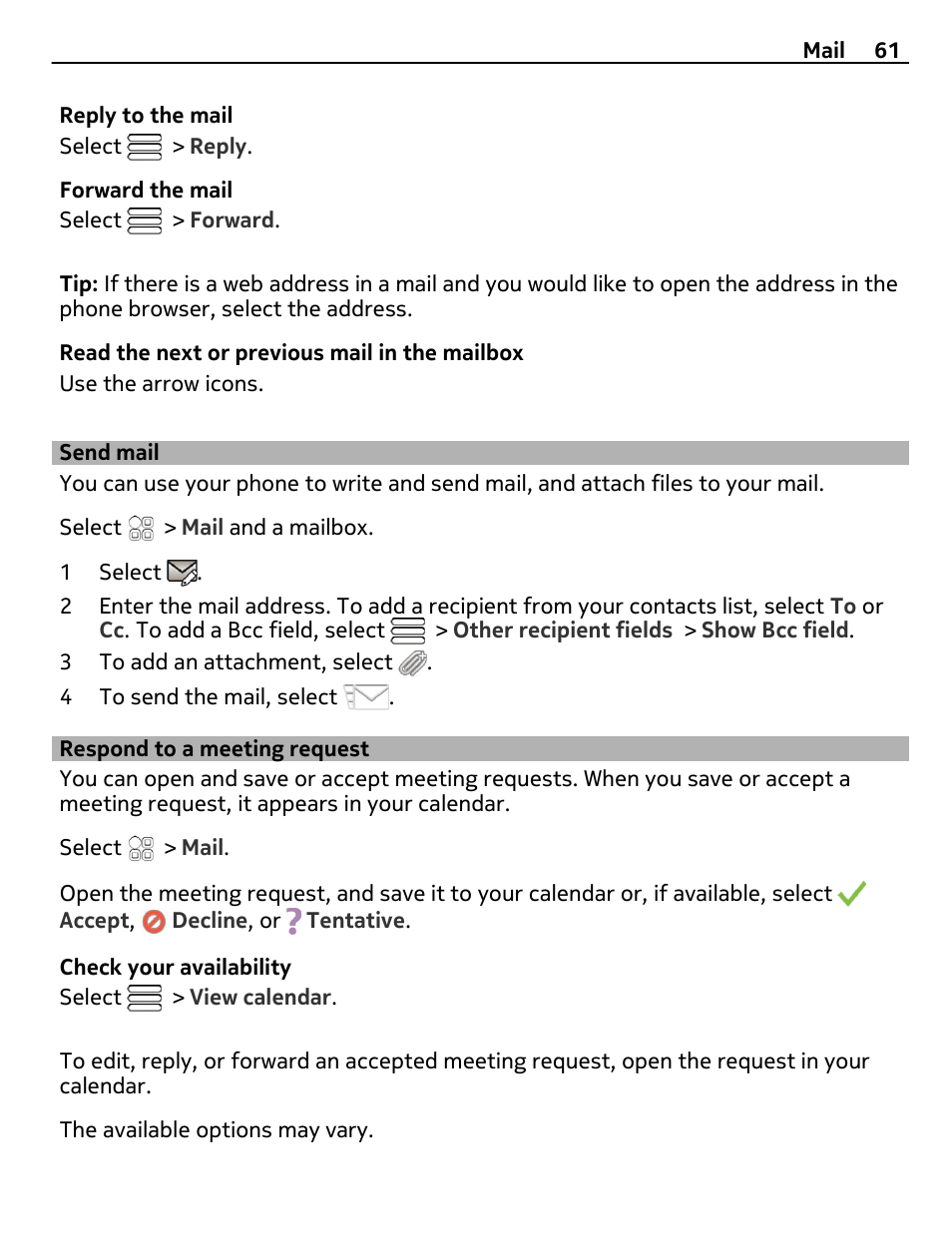 Send mail, Respond to a meeting request | Nokia C7 User Manual | Page 61 / 138