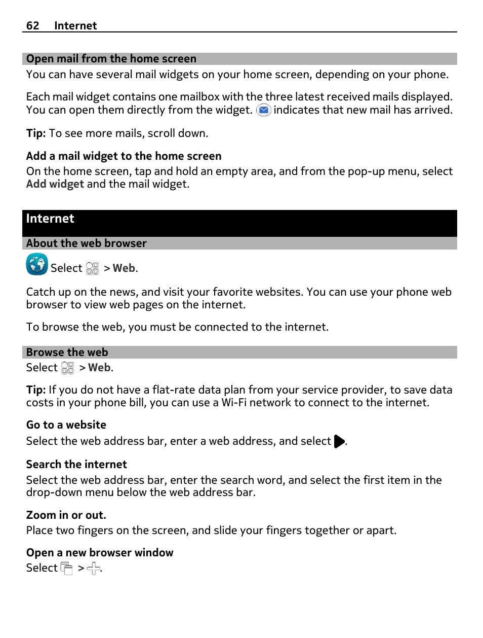 Open mail from the home screen, Internet, About the web browser | Browse the web | Nokia C7 User Manual | Page 62 / 138