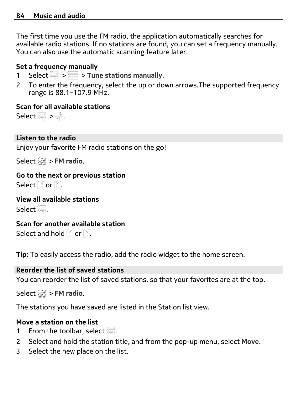 Listen to the radio, Reorder the list of saved stations | Nokia C7 User Manual | Page 84 / 138