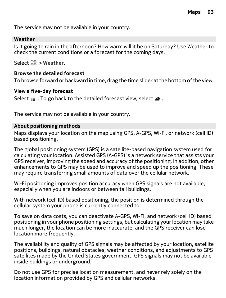 Weather, About positioning methods | Nokia C7 User Manual | Page 93 / 138