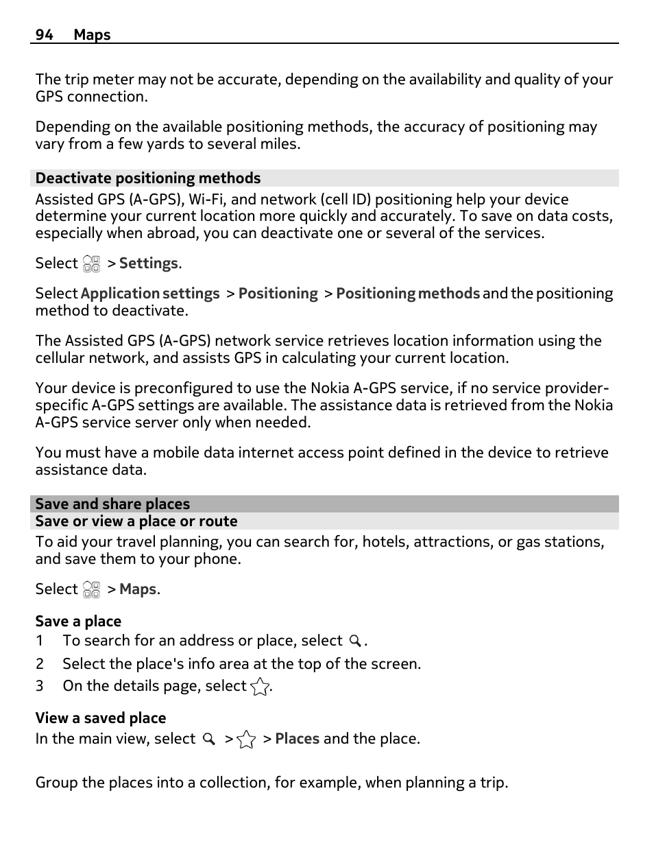 Deactivate positioning methods, Save and share places, Save or view a place or route | Nokia C7 User Manual | Page 94 / 138