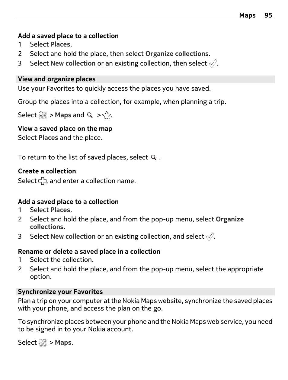 View and organize places, Synchronize your favorites | Nokia C7 User Manual | Page 95 / 138