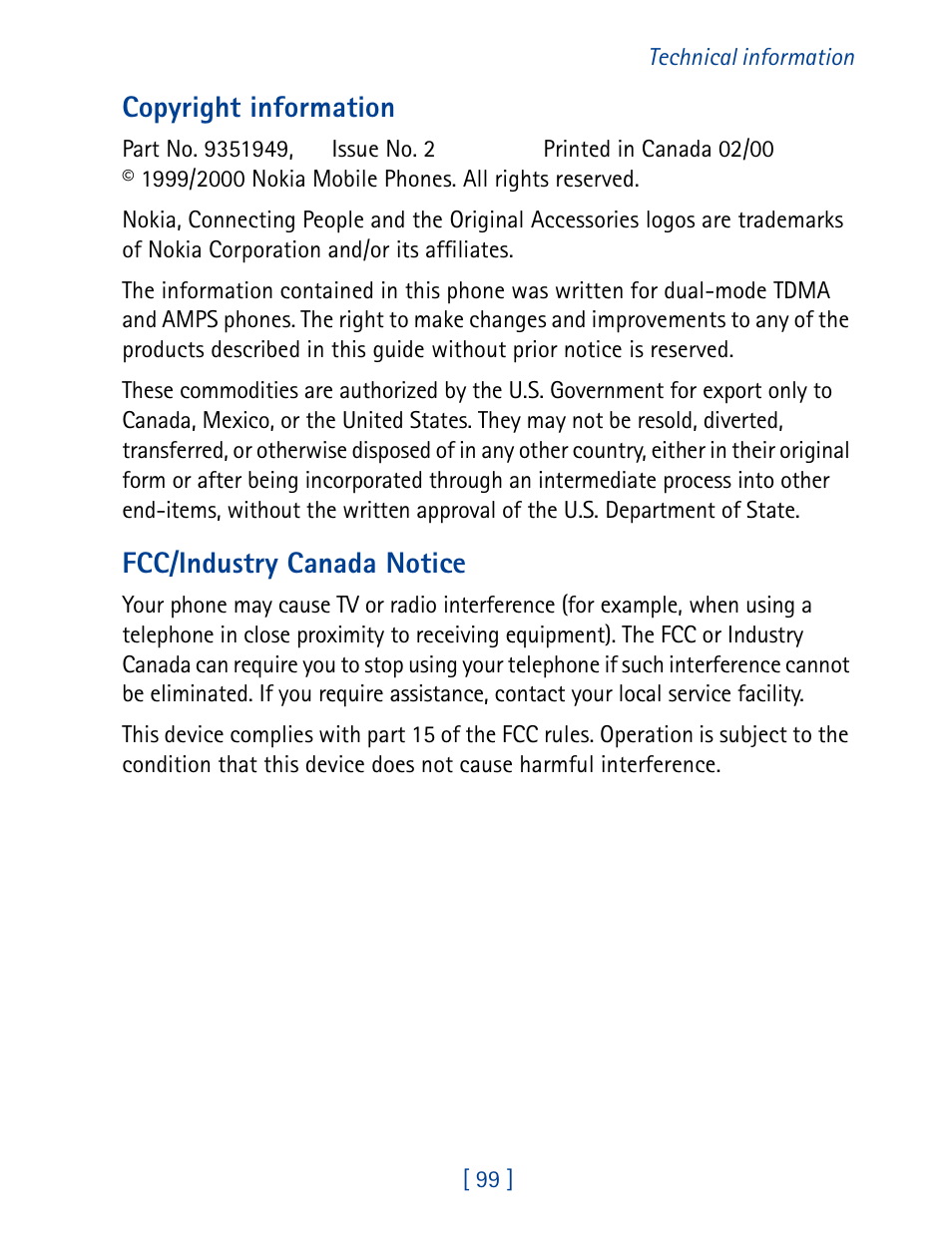 Copyright information, Fcc/industry canada notice | Nokia 8860 User Manual | Page 104 / 113
