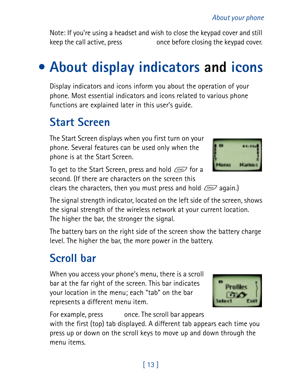 About display indicators and icons, Start screen, Scroll bar | Nokia 8860 User Manual | Page 18 / 113