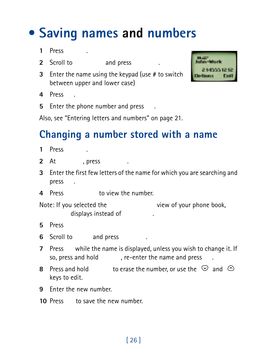 Saving names and numbers, Changing a number stored with a name | Nokia 8860 User Manual | Page 31 / 113