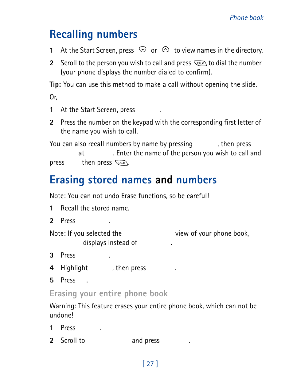Recalling numbers, Erasing stored names and numbers, Erasing your entire phone book | Nokia 8860 User Manual | Page 32 / 113