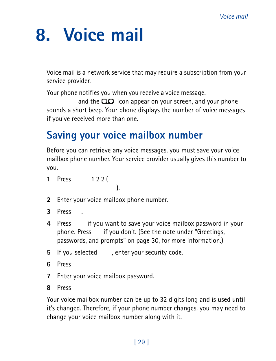 Voice mail, Saving your voice mailbox number | Nokia 8860 User Manual | Page 34 / 113