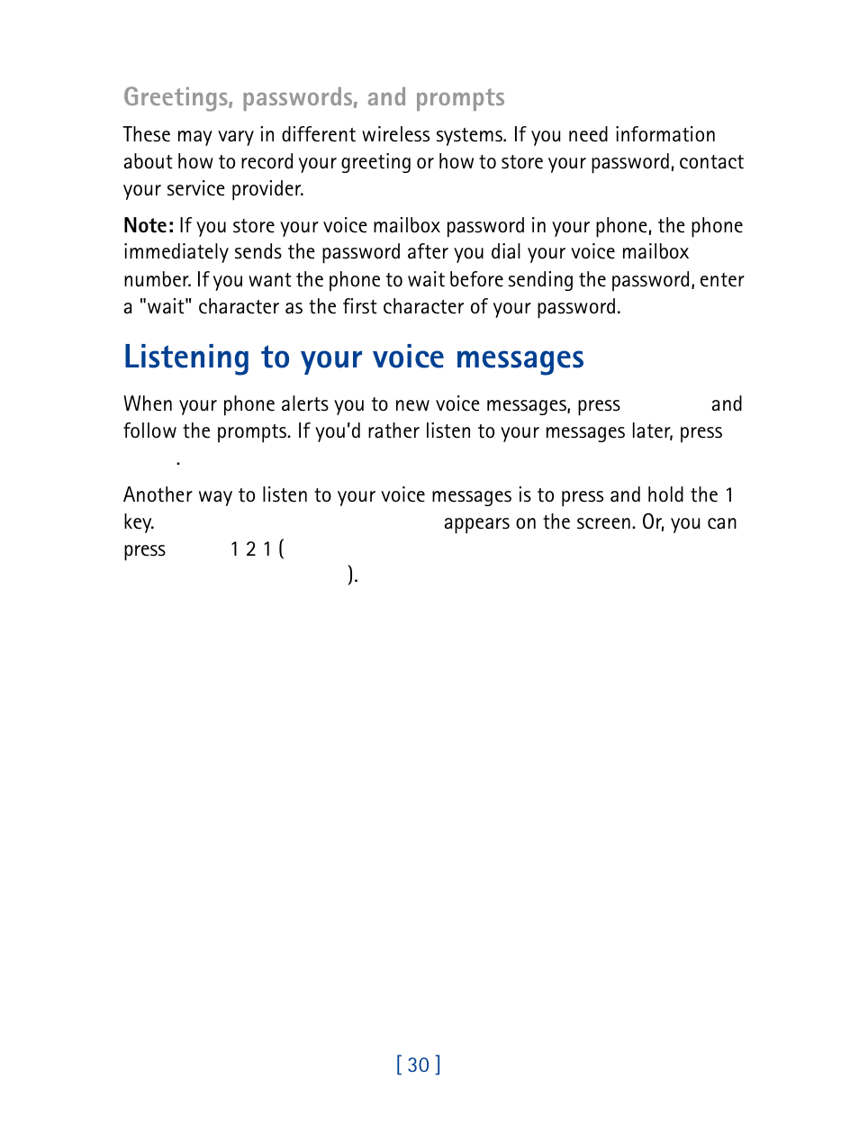 Listening to your voice messages, Greetings, passwords, and prompts | Nokia 8860 User Manual | Page 35 / 113