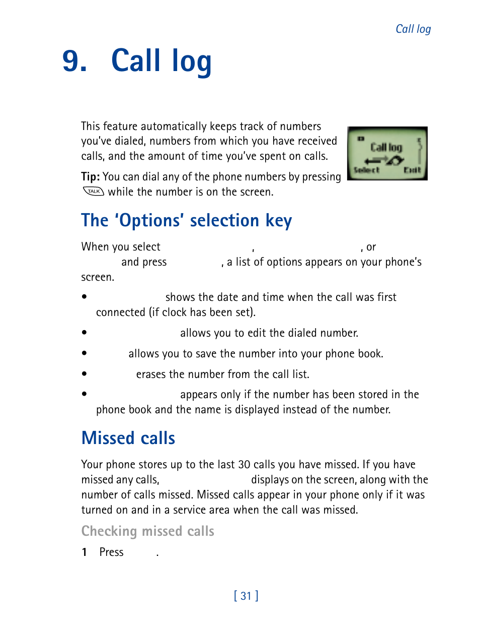 Call log, The ‘options’ selection key, Missed calls | Nokia 8860 User Manual | Page 36 / 113