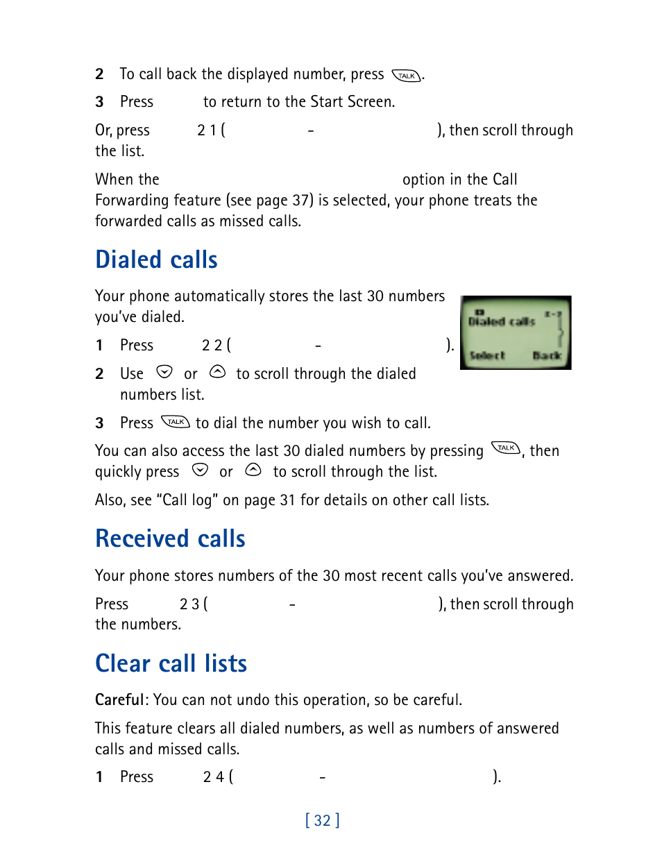 Dialed calls, Received calls, Clear call lists | Nokia 8860 User Manual | Page 37 / 113