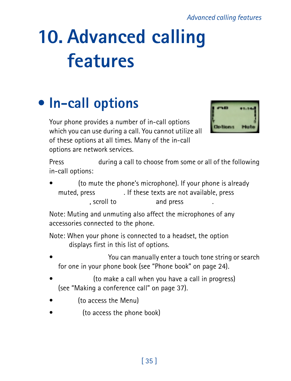 Advanced calling features, Incall options, In-call options | Nokia 8860 User Manual | Page 40 / 113