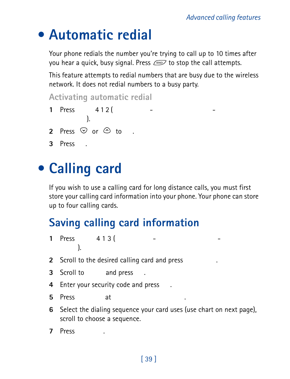 Automatic redial, Calling card, Automatic redial calling card | Saving calling card information, Activating automatic redial | Nokia 8860 User Manual | Page 44 / 113