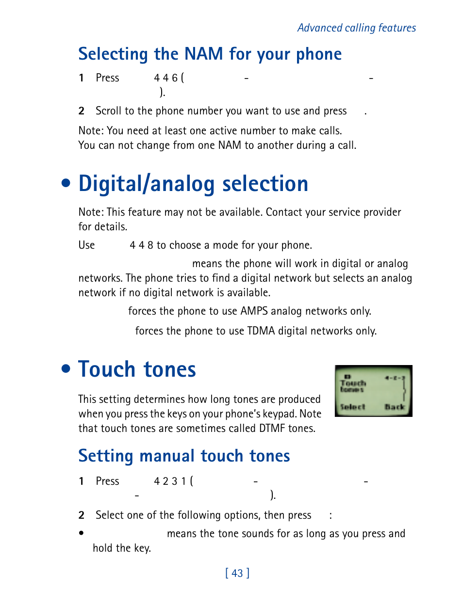 Digital/analog selection, Touch tones, Digital/analog selection touch tones | Selecting the nam for your phone, Setting manual touch tones | Nokia 8860 User Manual | Page 48 / 113