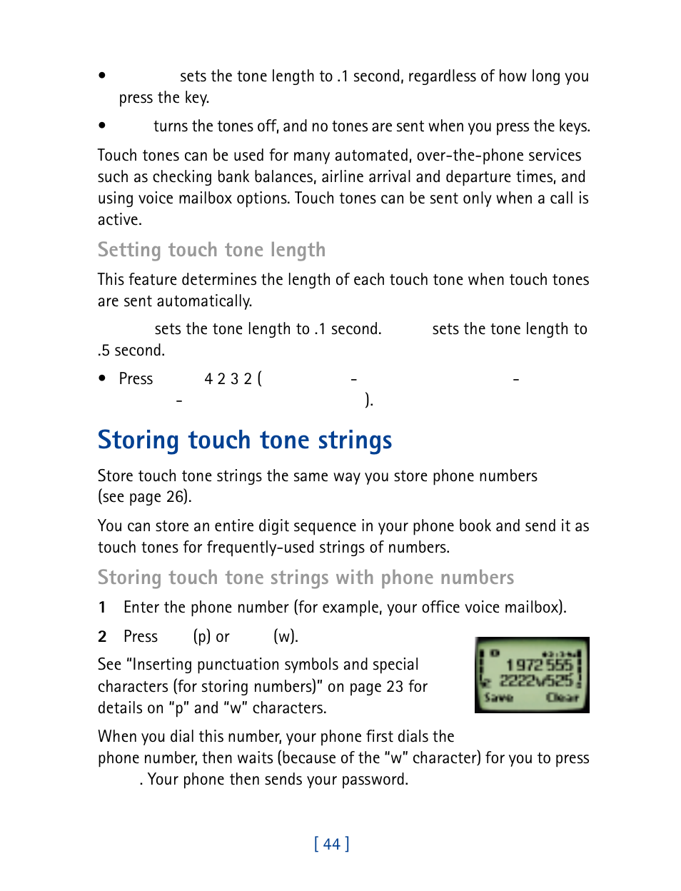Storing touch tone strings, Setting touch tone length, Storing touch tone strings with phone numbers | Nokia 8860 User Manual | Page 49 / 113