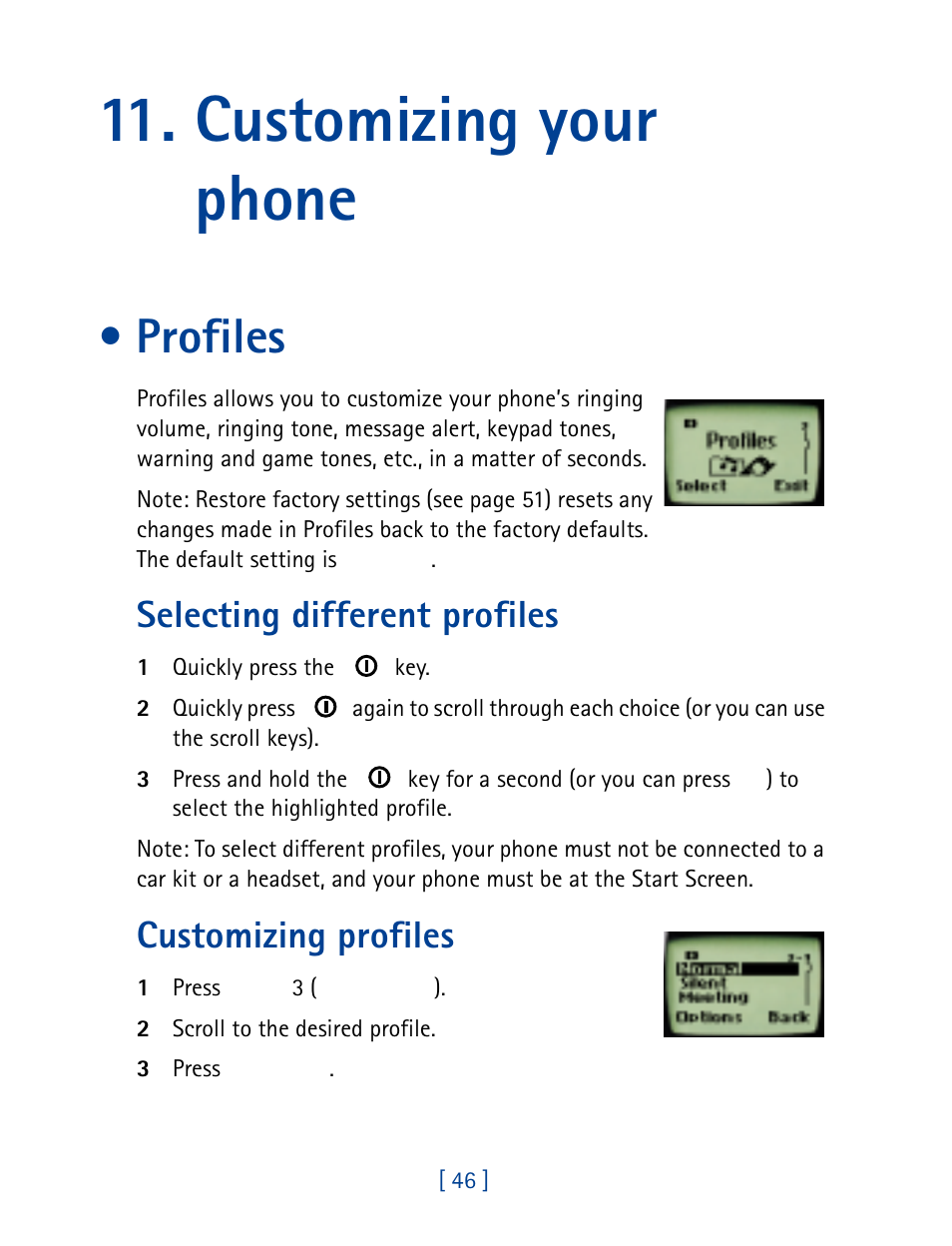 Customizing your phone, Profiles, Selecting different profiles | Customizing profiles | Nokia 8860 User Manual | Page 51 / 113