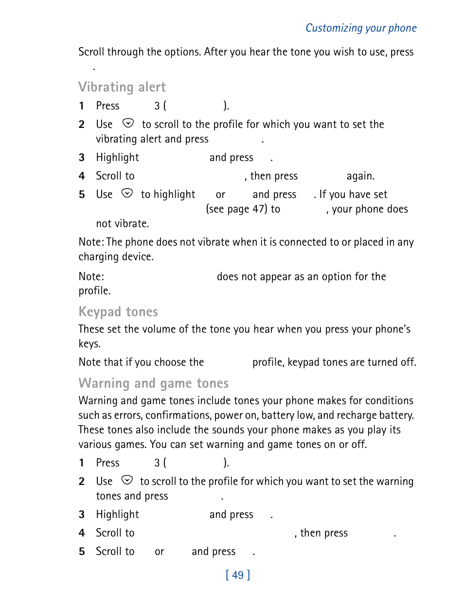 Vibrating alert, Keypad tones, Warning and game tones | Nokia 8860 User Manual | Page 54 / 113