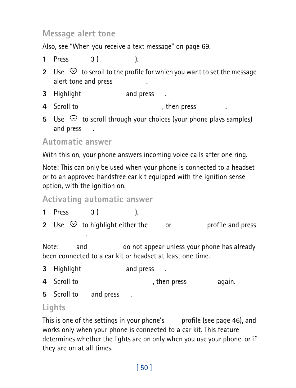 Message alert tone, Automatic answer, Activating automatic answer | Lights | Nokia 8860 User Manual | Page 55 / 113