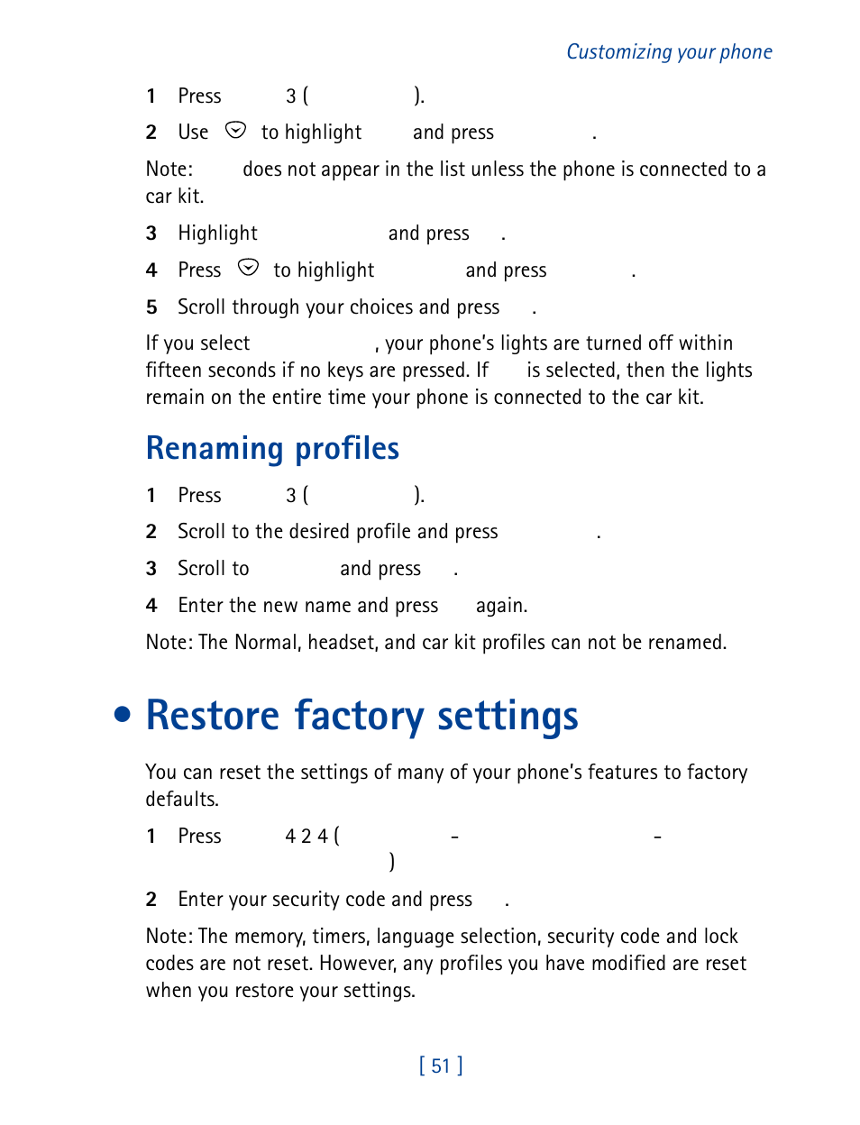 Restore factory settings, Renaming profiles | Nokia 8860 User Manual | Page 56 / 113