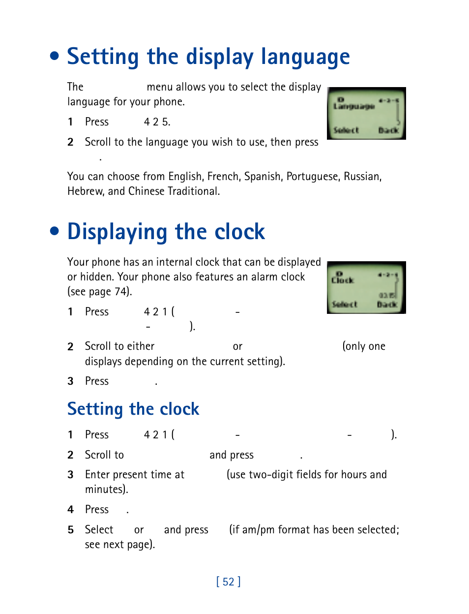 Setting the display language, Displaying the clock, Setting the display language displaying the clock | Setting the clock | Nokia 8860 User Manual | Page 57 / 113