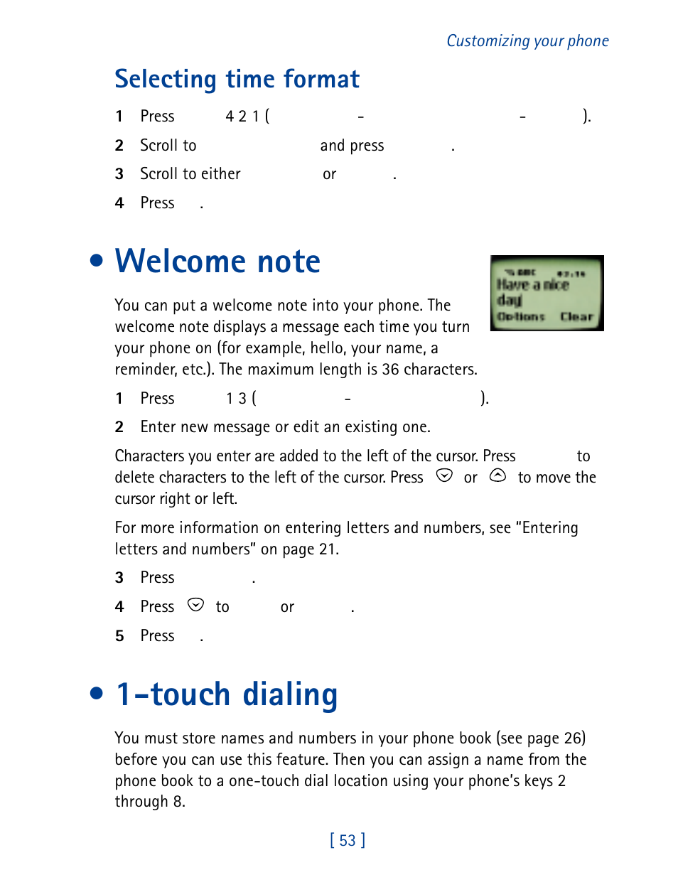 Welcome note, 1touch dialing, Welcome note 1-touch dialing | Touch dialing, Selecting time format | Nokia 8860 User Manual | Page 58 / 113