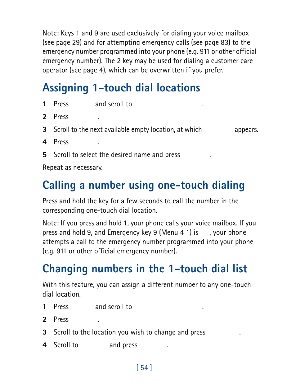 Assigning 1-touch dial locations, Calling a number using one-touch dialing, Changing numbers in the 1-touch dial list | Nokia 8860 User Manual | Page 59 / 113