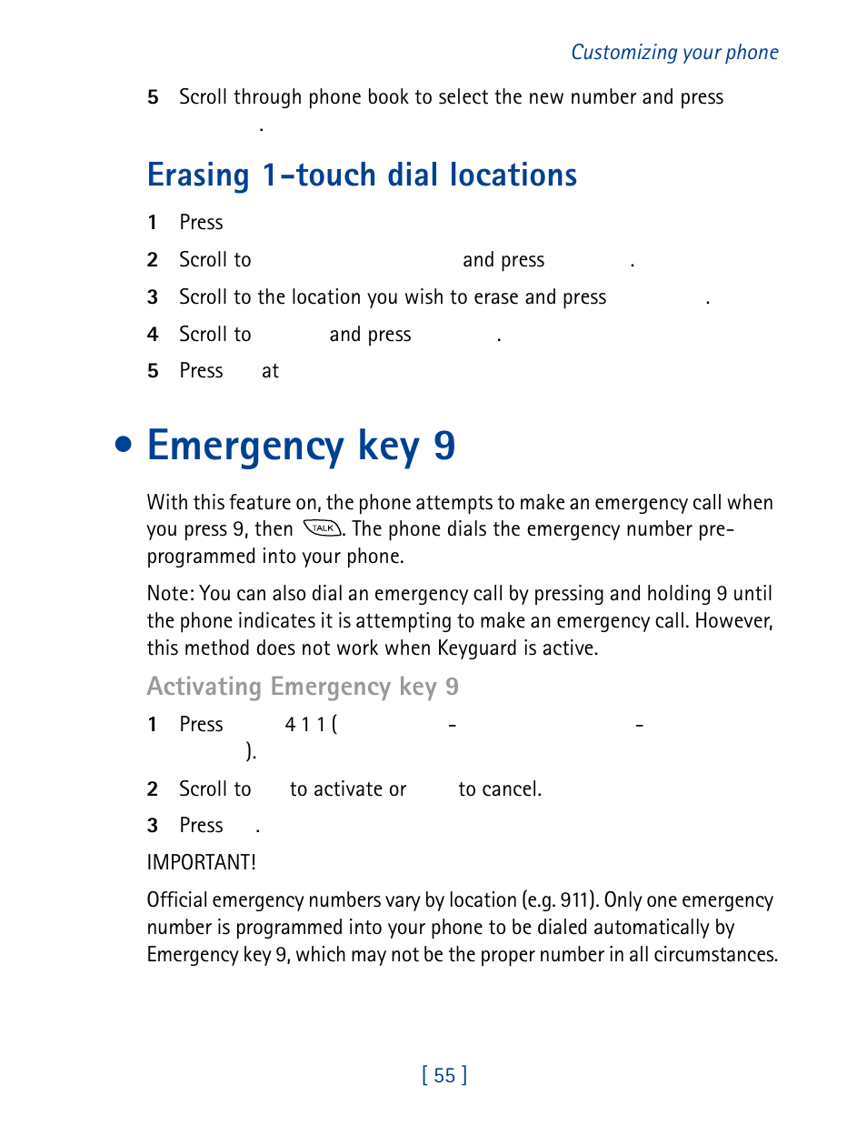 Emergency key 9, Erasing 1-touch dial locations, Activating emergency key 9 | Nokia 8860 User Manual | Page 60 / 113