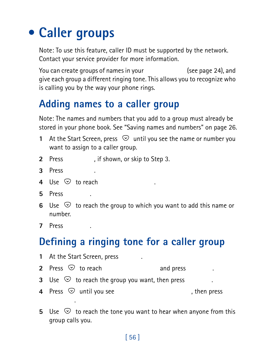 Caller groups, Adding names to a caller group, Defining a ringing tone for a caller group | Nokia 8860 User Manual | Page 61 / 113