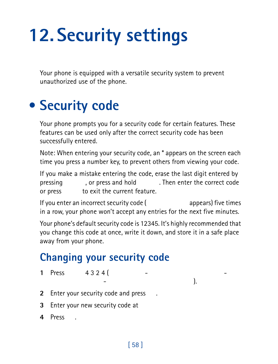 Security settings, Security code, Changing your security code | Nokia 8860 User Manual | Page 63 / 113