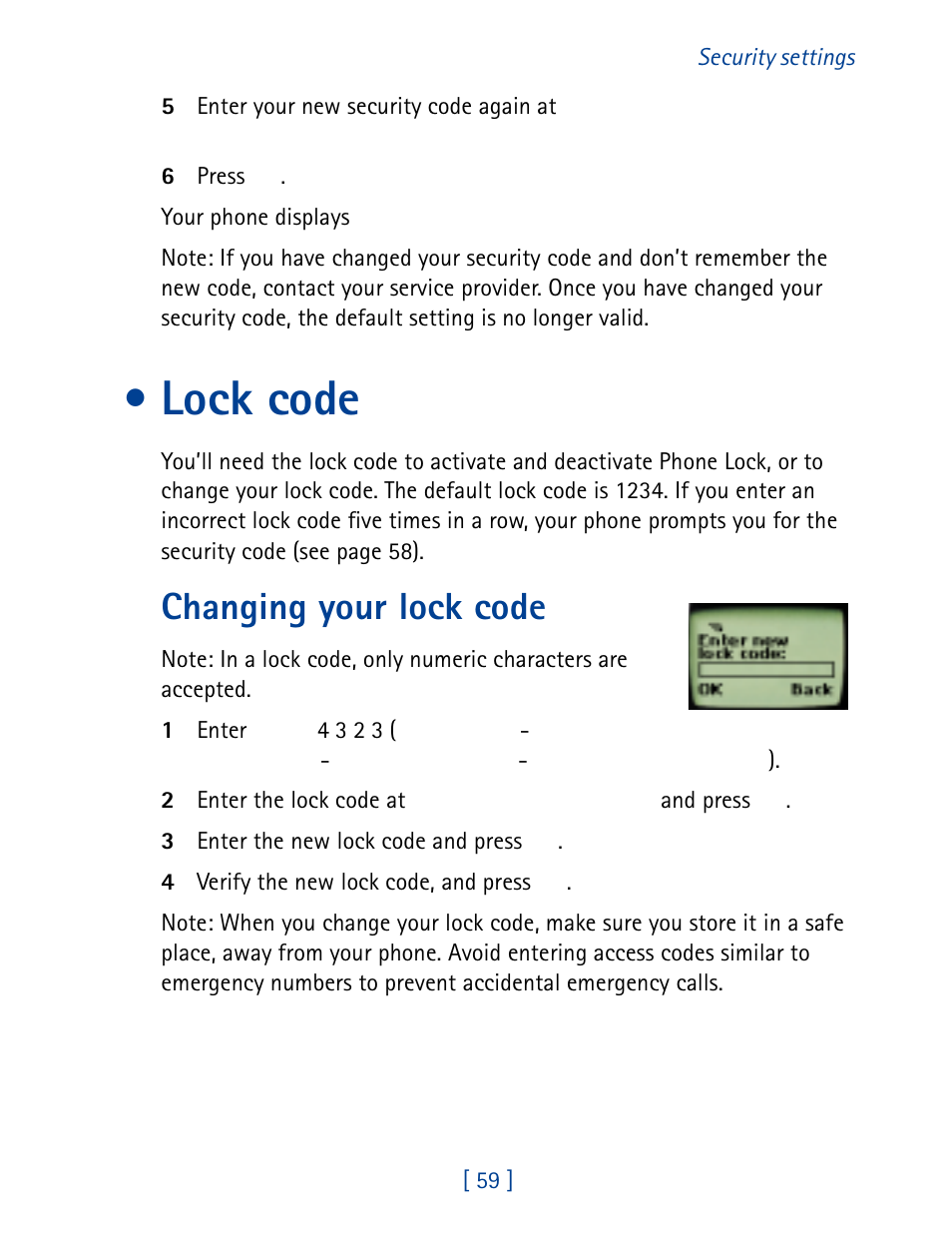 Lock code, Changing your lock code | Nokia 8860 User Manual | Page 64 / 113